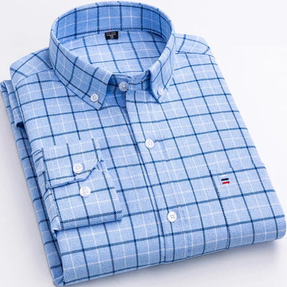Men's Long Sleeve Check Shirt Cotton Button Down - VibreMode