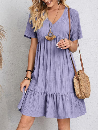 Women's V-Neck Mini Dress Short Sleeve Ruffle Hem