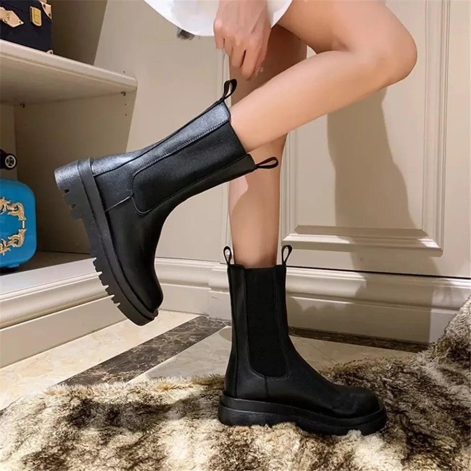 Women's Mid Calf Boots Elastic Side Panels