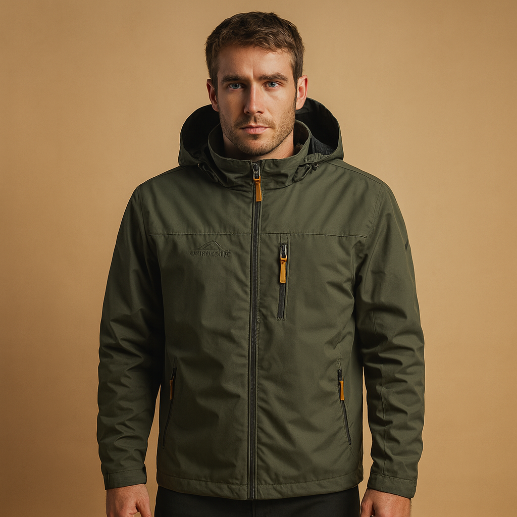 Men’s waterproof rain jacket with adjustable hood and breathable fabric, suitable for daily wear, city walks, and outdoor activities.