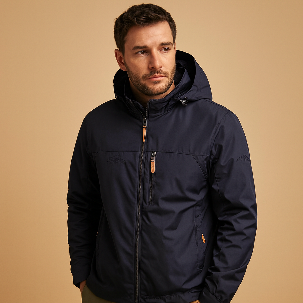 Men’s waterproof rain jacket with adjustable hood and breathable fabric, suitable for daily wear, city walks, and outdoor activities.