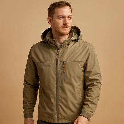 Men’s waterproof rain jacket with adjustable hood and breathable fabric, suitable for daily wear, city walks, and outdoor activities.