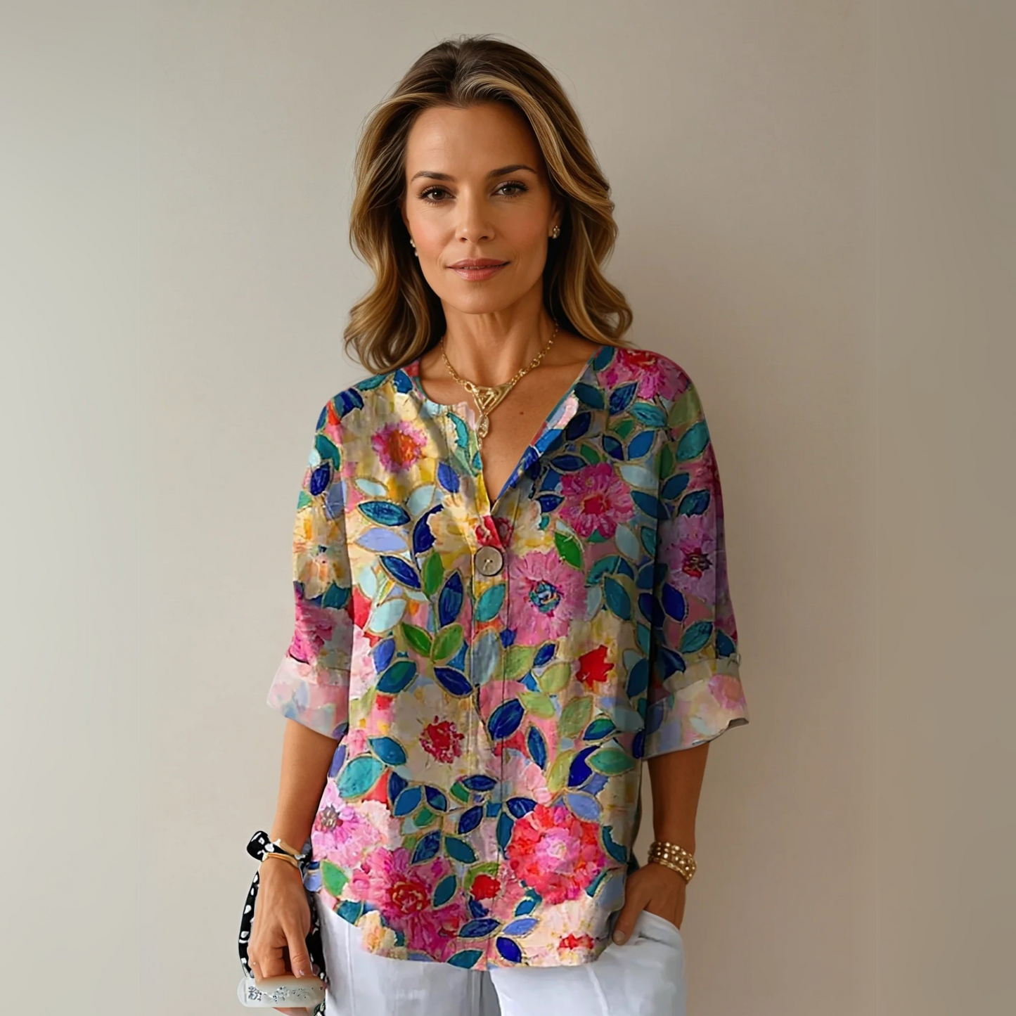 Women's Floral V-Neck Blouse Short Sleeve - VibreMode