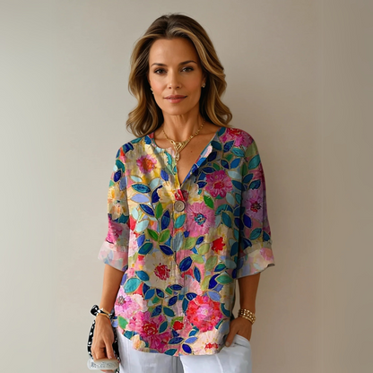Women's Floral V-Neck Blouse Short Sleeve - VibreMode