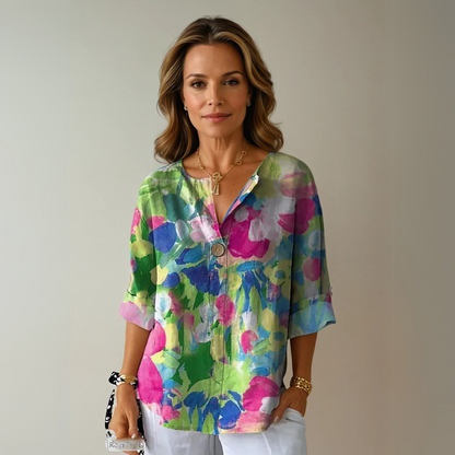 Women's Floral V-Neck Blouse Short Sleeve