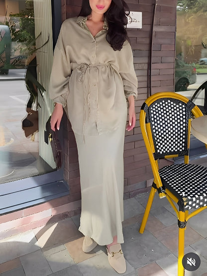 Women's Two Piece Maxi Skirt Set Collared Neckline