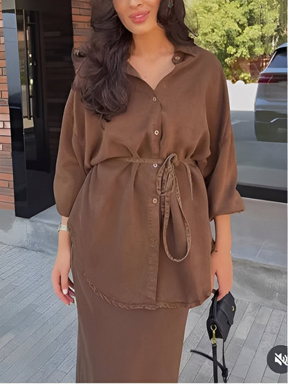 Women's Two Piece Maxi Skirt Set Collared Neckline