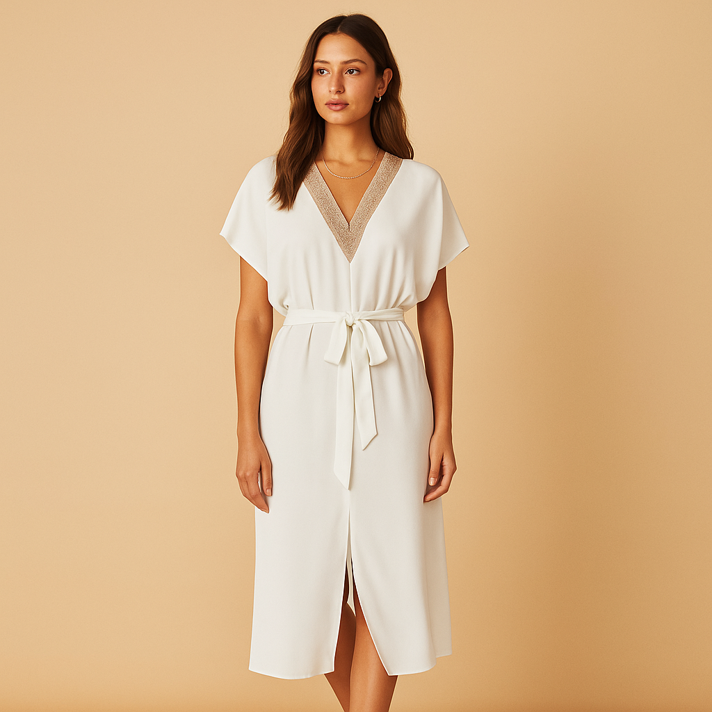 Women's V-Neck Midi Dress White - VibreMode