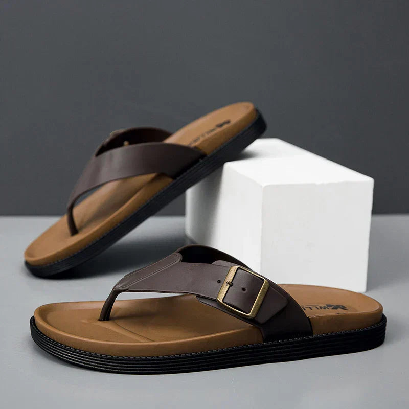Women's Flat Thong Sandals Faux Leather Buckle Strap - VibreMode