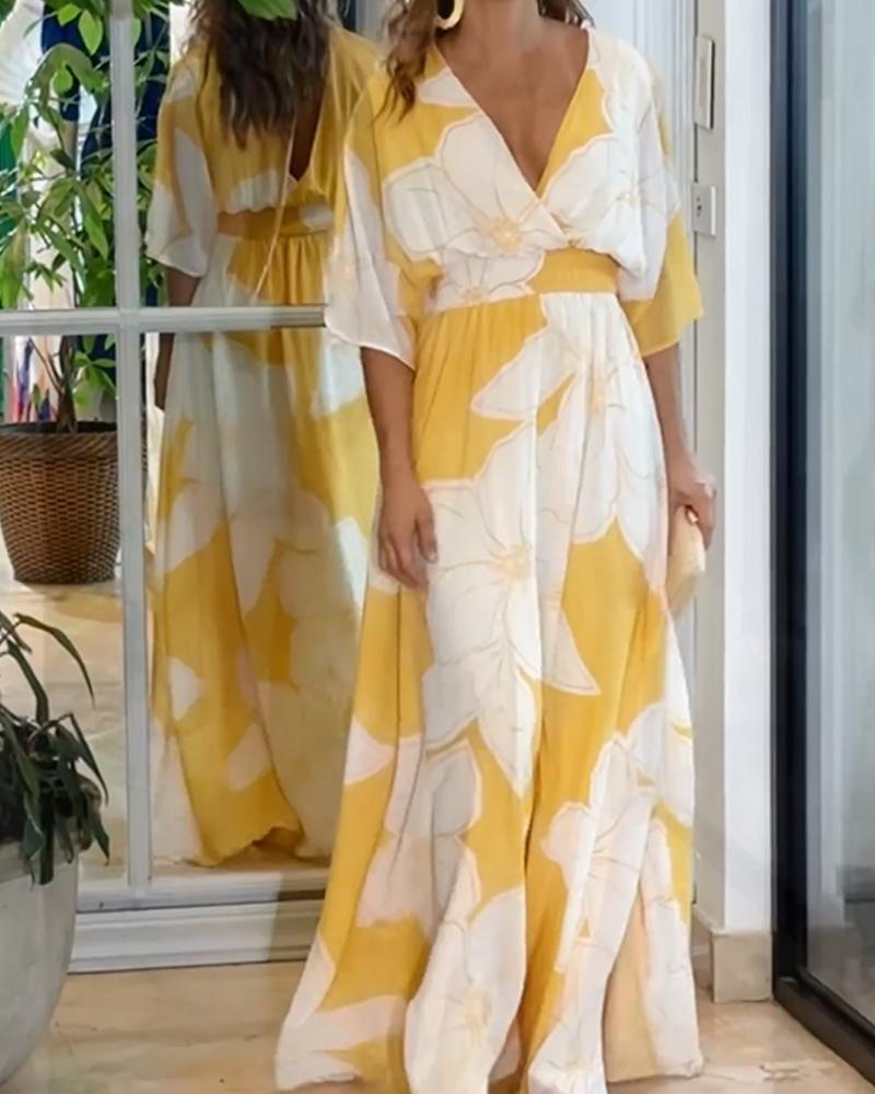 Women's Floral Maxi Dress V-Neck Smocked Waist - VibreMode