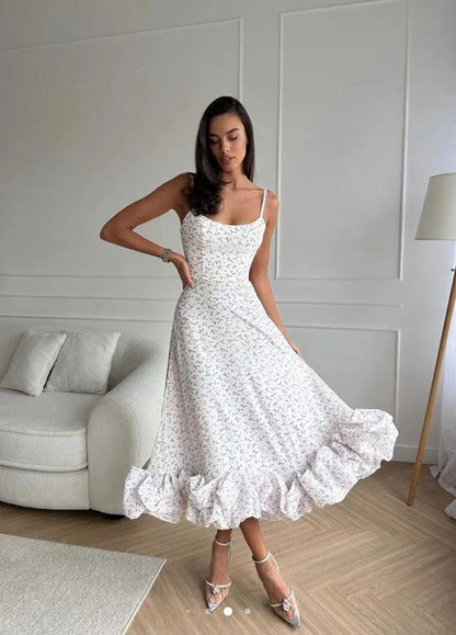 Women's Woven Midi Dress Thin Straps Ruffle Hem - VibreMode