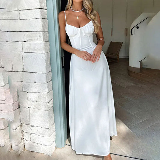 Women's Woven Maxi Dress Ruched Bodice Adjustable Straps - VibreMode