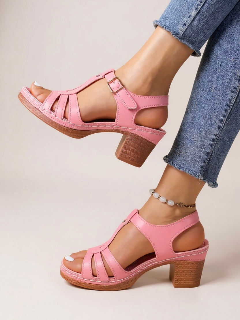 Women's Strappy Faux Leather Block Heel Sandals - VibreMode