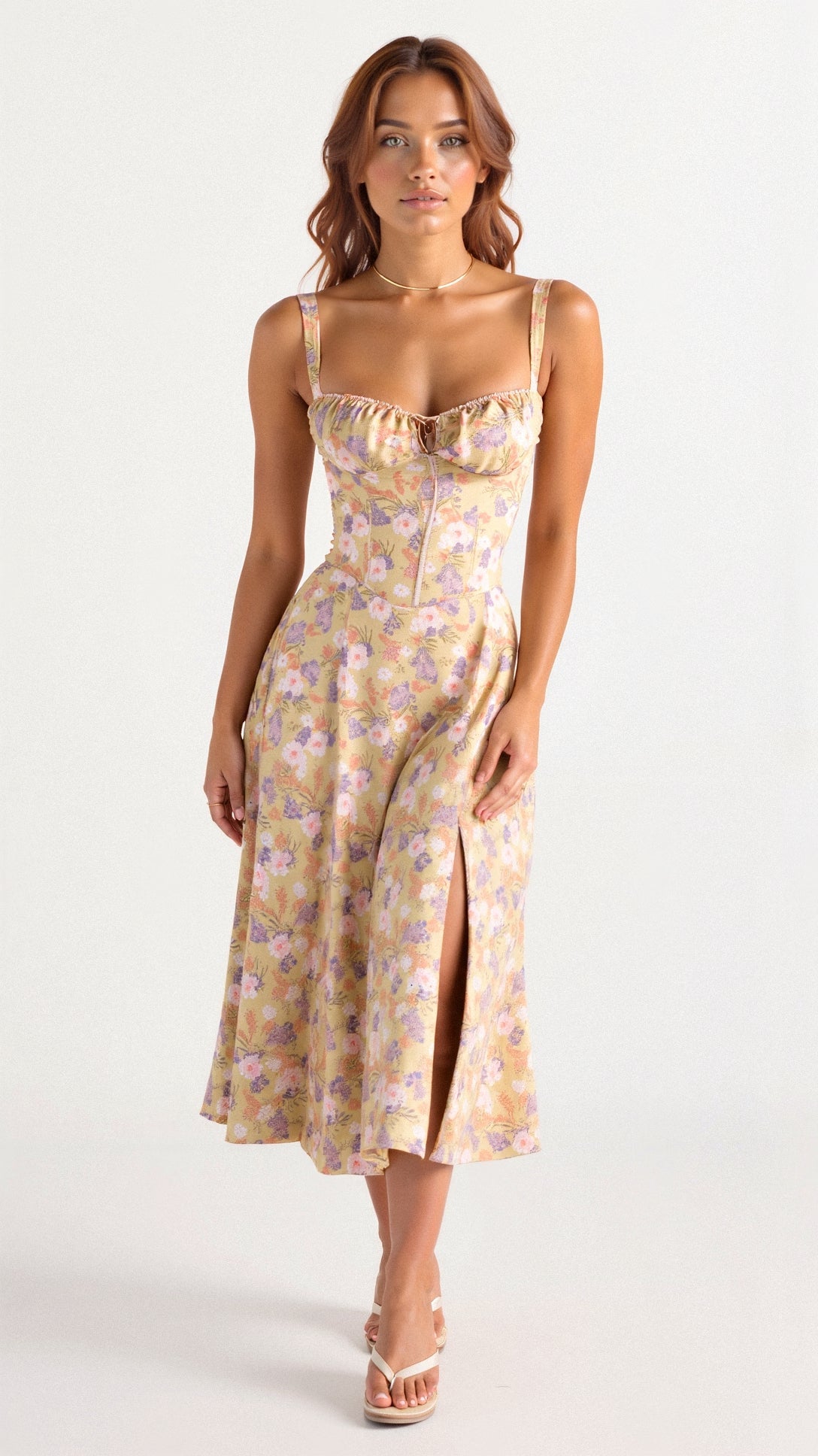 Women's Woven Midi Dress Corset Bodice Slit - VibreMode