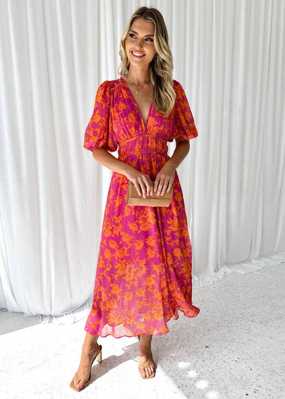 Women's Floral Midi Dress Woven Puff Sleeves - VibreMode