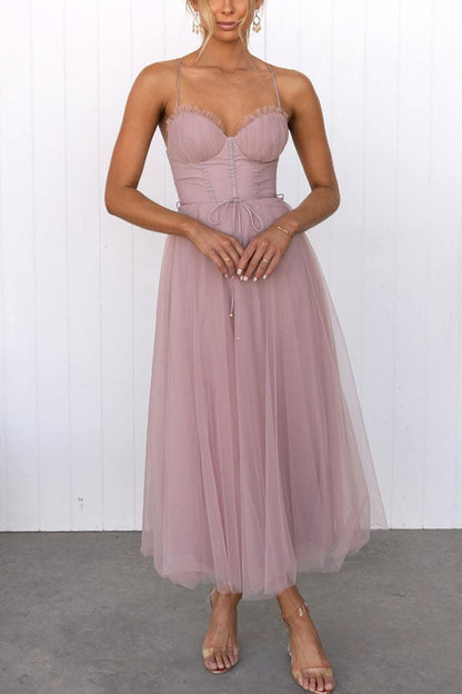 Women's Midi Dress Tulle Skirt Spaghetti Straps - VibreMode